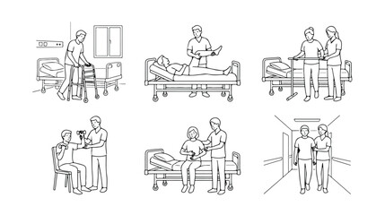 Obraz premium Medical rehabilitation line art icons, physical therapy and nursing care vector set, patient recovery and hospital assistance illustrations