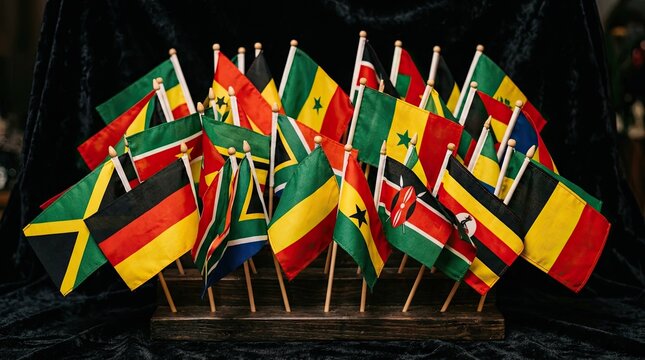 Collection of small colorful international flags on stands.