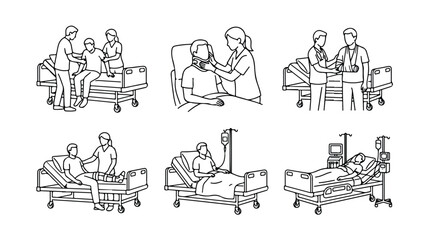 Obraz premium Minimalist hospital patient care line art, medical nursing staff assisting patients in hospital beds, 6 vector illustrations of clinical healthcare