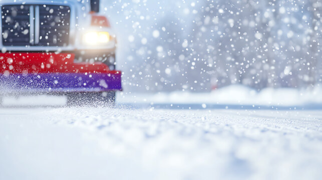 A snow-covered road with a truck clearing snow, creating a winter scene filled with falling snowflakes and blurred background.