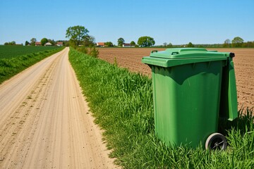 Obraz premium Green garbage bin sits by a dirt road in the country. Fields of grass and plowed earth stretch towards distant farm buildings under a bright blue sky. The scene suggests rural waste management.