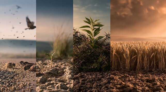 Parable of the sower showing seeds on different soils. Seeds scattered on different types of ground illustrating the biblical parable of the sower