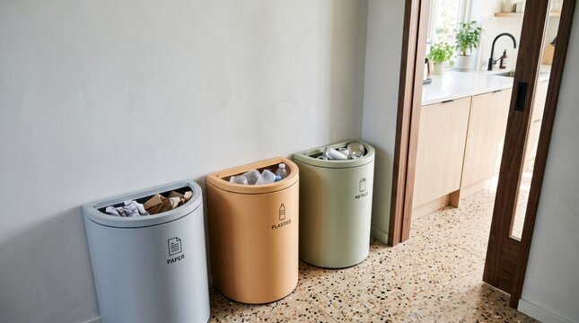 Pastel half-round sorting containers along a terrazzo passage beside the kitchen, separating paper packaging, plastic bottles and metal cans within a bright contemporary household interior scene