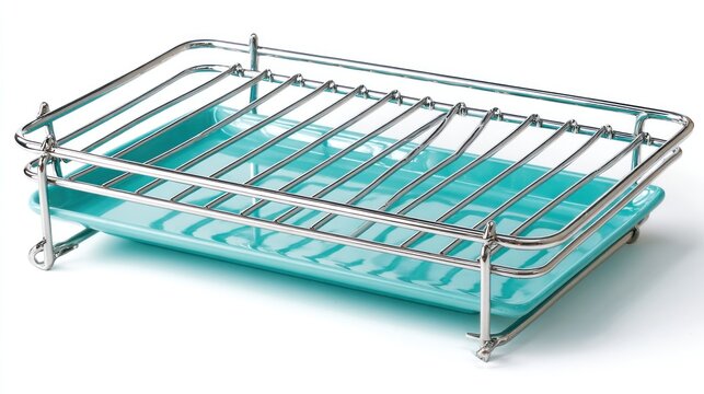 Wire rack rests atop a rectangular, pale-blue tray. Silver metal support structure. Simple, functional
