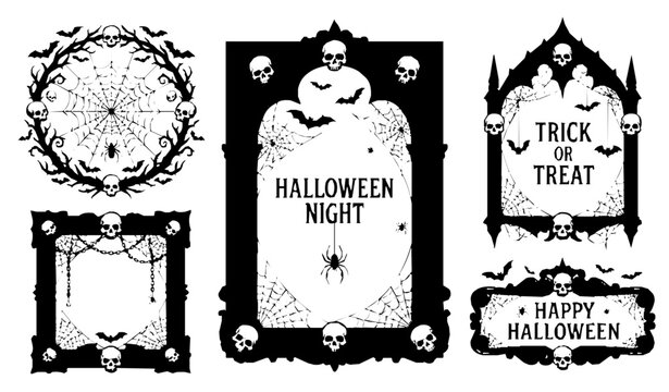 Halloween Skull and Spider Web Frame Vector Collection with Gothic Decorative Borders