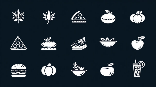 Set of assorted food and beverage icons in white chalk style.