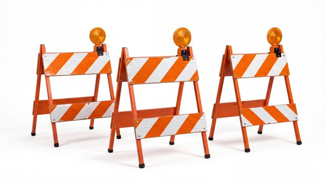Three bright orange metal construction barricades with flashing warning lights standing alone on white background