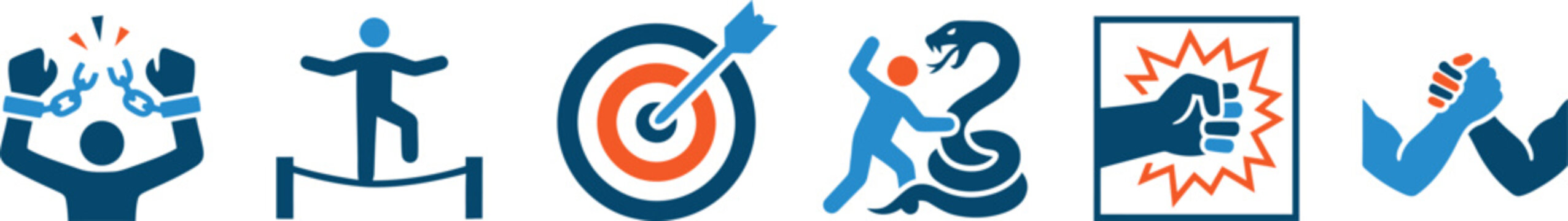 Personal Strength Courage and Determination Icon Set - Overcoming Challenges, Business Goal Focus, and Risk Management Vector Elements for UI Design and Web Graphics