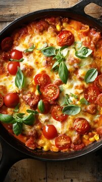 Skillet lasagna with corn and cherry tomatoes topped with basil and melted cheese for rustic family meal and recipe closeup
