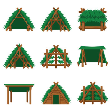 collection of pixel art shelters and huts made of wood and foliage, survival shelters, primitive structures, camping lean-tos, natural dwelling designs