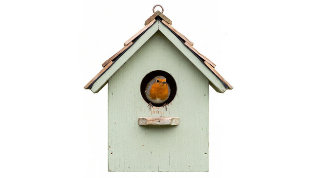 Small European robin sitting inside a light green wooden birdhouse structure on white background