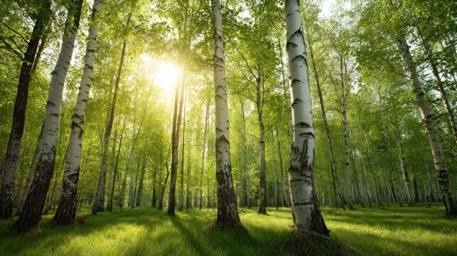 Birch trees casting dappled sunlight in grassy woodland