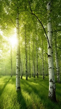 Birch trees bathed in sunlight across grassy forest grove