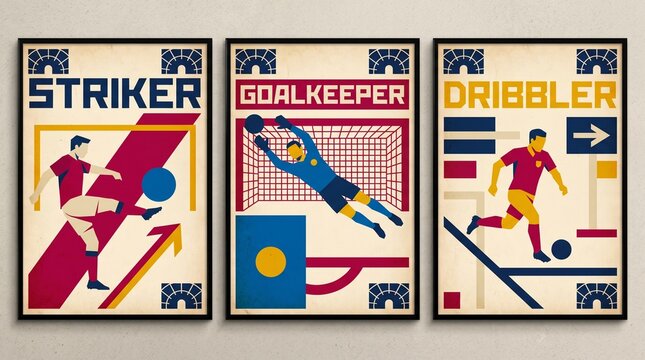 Three professional minimalist vintage soccer posters featuring striker goalkeeper and dribbler illustrations, perfect for sports bar decor, football fan room and athletic club wall art