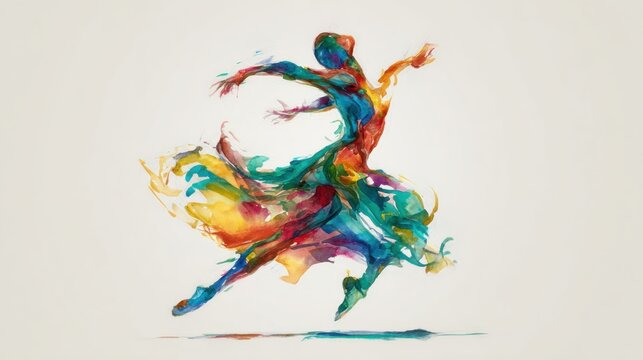A dynamic watercolor representation of a dancing figure, rendered in a vibrant and expressive array of colors