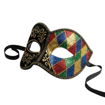 A decorative Venetian masquerade mask featuring a harlequin pattern and ornate gold scrollwork.
