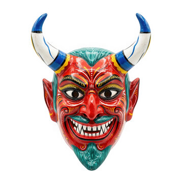 Vibrant hand painted ceramic devil mask with blue horns and sharp teeth.