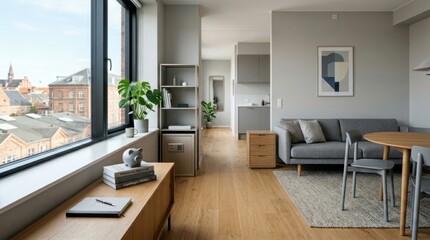 Fototapeta premium Modern apartment living room with city view and minimalist decor