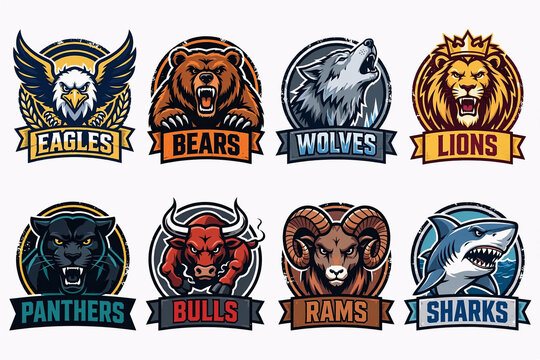 Set of colorful mascot logos featuring eagle, wolf, shark, bear, falcon, and scorpion for esports teams, sports clubs, or branding