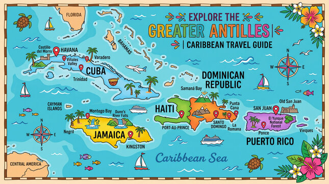 Greater Antilles travel map featuring Cuba, Jamaica, Haiti, Dominican Republic, and Puerto Rico attraction