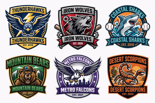 Set of colorful mascot logos featuring eagle, wolf, shark, bear, falcon, and scorpion for esports teams, sports clubs, or branding