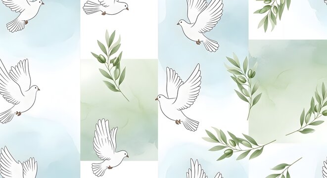 White flying doves and olive branches seamless pattern for peace design