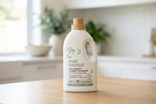 Eco friendly laundry detergent bottle with wooden cap and natural scent label for sustainable product packaging mockup