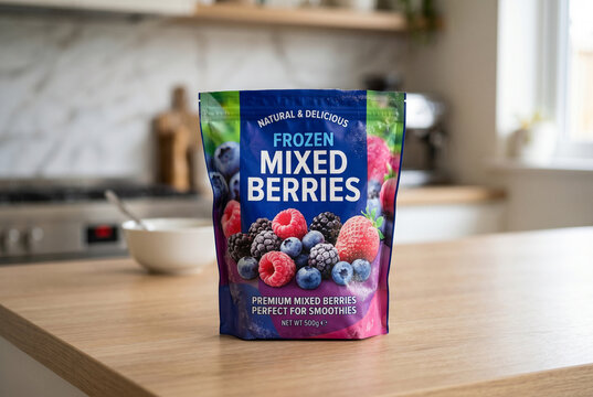 Frozen mixed berries product pouch on kitchen countertop for food advertising packaging mockup and smoothie ingredient promotion