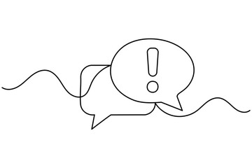Obraz premium Exclamation speech bubble continuous one line art outline vector illustration. Features an exclamation mark inside a minimal chat bubble in a clean single line drawing