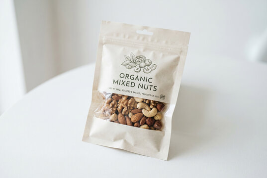 Stand up kraft pouch of organic mixed nuts on white table for packaging mockup and product display and healthy snack presentation