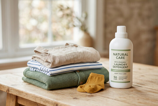 Stacked children clothing with organic laundry detergent bottle on wooden table for sustainable product background and eco care banner