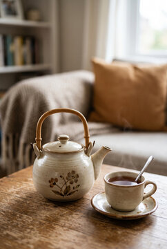 Steaming ceramic teapot and cup on wooden table in cozy living room for tea scene and home interior background