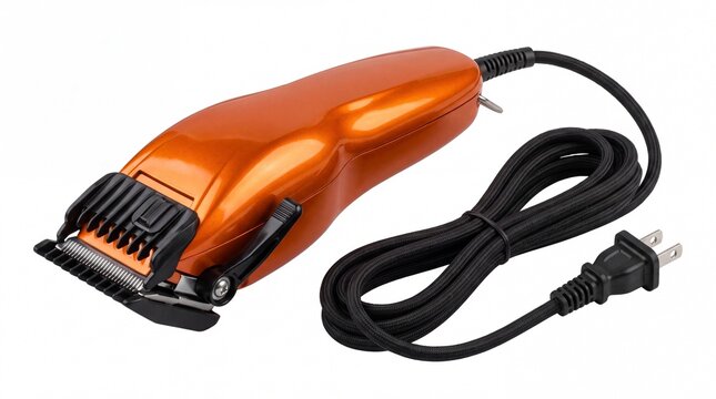 Shiny orange electric hair clipper with black cord and plug isolated on white background
