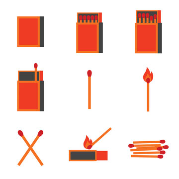 set of flat icons showing matches and matchbox stages from closed to ignited, representing fire safety and ignition process