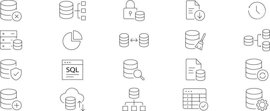 Database Management & SQL Line Icons Set &ndash; Data Administration, Database Server, Storage Vector
