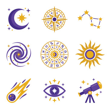 Set of nine pixel art celestial icons, including moon and star, compass rose, constellation, galaxy spiral, zodiac wheel, sun, shooting star, mystical eye, and telescope, on a white background