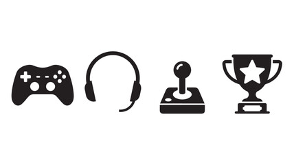 Black icons of gaming controller, headset, joystick and trophy on white background for competitive gaming design © Momina