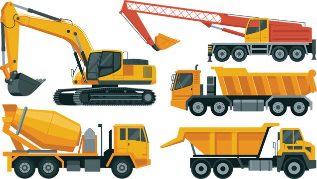 Heavy construction machinery vector set with industrial yellow excavator crane truck cement mixer and dump truck isolated on white background