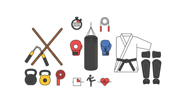 Comprehensive collection of martial arts training gear including a punching bag, gloves, weights, sticks, and fitness accessories.