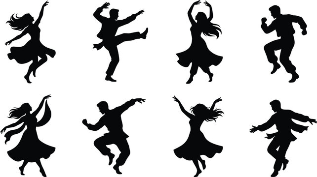 Set of black silhouettes of male and female dancers performing energetic traditional folk dance on a white background