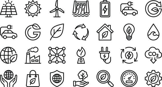 Green energy and ecology thin line vector icon set with environment
