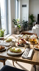 Fototapeta premium Healthy breakfast spread on sunlit wooden table.