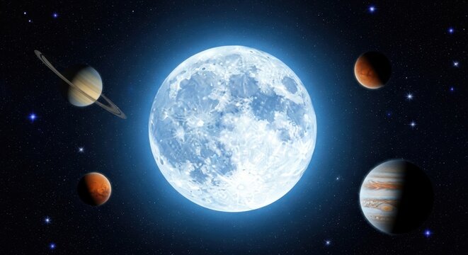 Illuminated Moon and Planets in Deep Space.