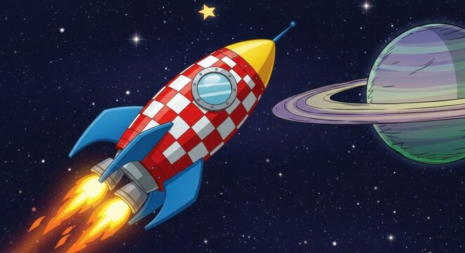 Colorful cartoon rocket flying past Saturn in space.
