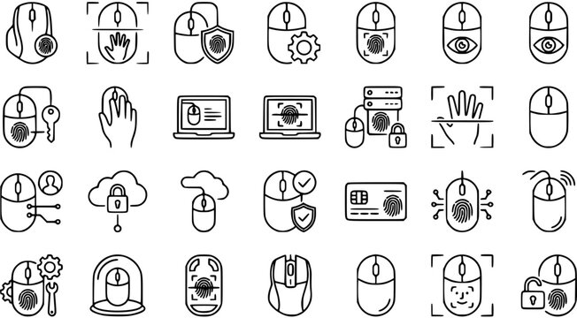 Black and White Line Art Icons of Computer Mice with Security and Biometric Features