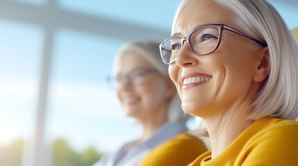 Fototapeta premium Two smiling women with glasses enjoying a moment together in a bright, modern setting, showcasing friendship and positivity.
