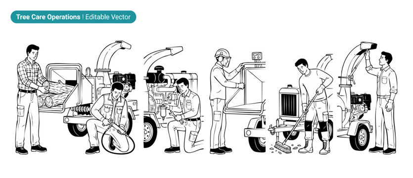 Wood chipper machine vector illustration set of arborist workers operating forestry equipment and performing maintenance, line art landscaping tree care operations and wood chipping safety service.