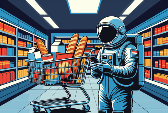 Humorous illustration of an astronaut in a full space suit pushing a grocery cart filled with bread and milk in a supermarket aisle.