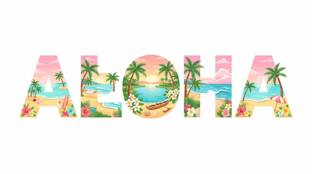 Cute tropical ALOHA typography with pastel beach landscape, palm trees, ocean waves, flowers, seashells, and sunset inside decorative letters on a clean white background.