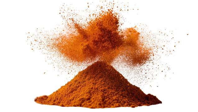 Orange paprika powder explosion, isolated on transparent background